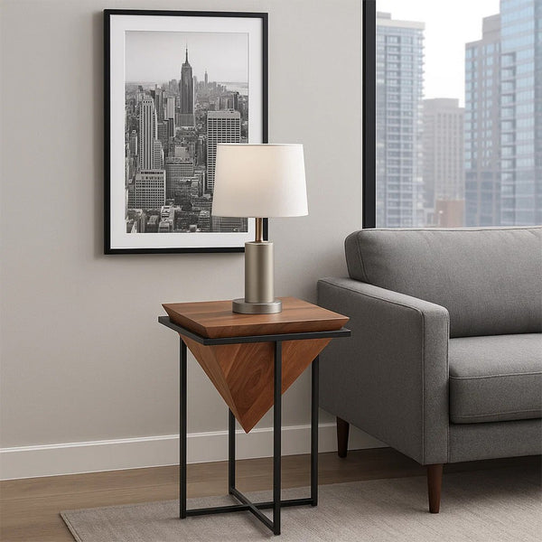 Ida 26 Inch Pyramid Shape Acacia Wood Side Table With Cross Iron Base, Brown and Black - UPT-199996