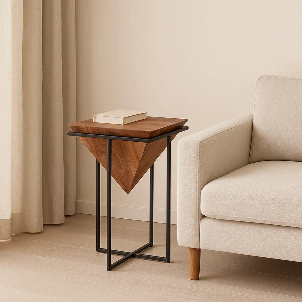 Ida 26 Inch Pyramid Shape Acacia Wood Side Table With Cross Iron Base, Brown and Black - UPT-199996