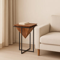 Ida 26 Inch Pyramid Shape Acacia Wood Side Table With Cross Iron Base, Brown and Black - UPT-199996