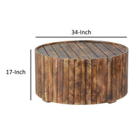 34 Inch Handmade Wooden Round Coffee Table with Plank Design, Burned Brown - UPT-204785