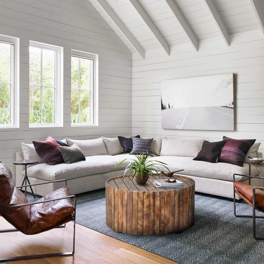 34 Inch Handmade Wooden Round Coffee Table with Plank Design, Burned Brown - UPT-204785