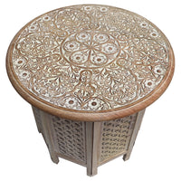 Mesh Cut Out Carved Mango Wood Octagonal Folding Table with Round Top, Antique White and Brown - UPT-209568