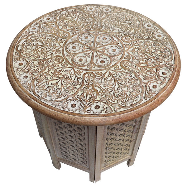 Mesh Cut Out Carved Mango Wood Octagonal Folding Table with Round Top, Antique White and Brown - UPT-209568