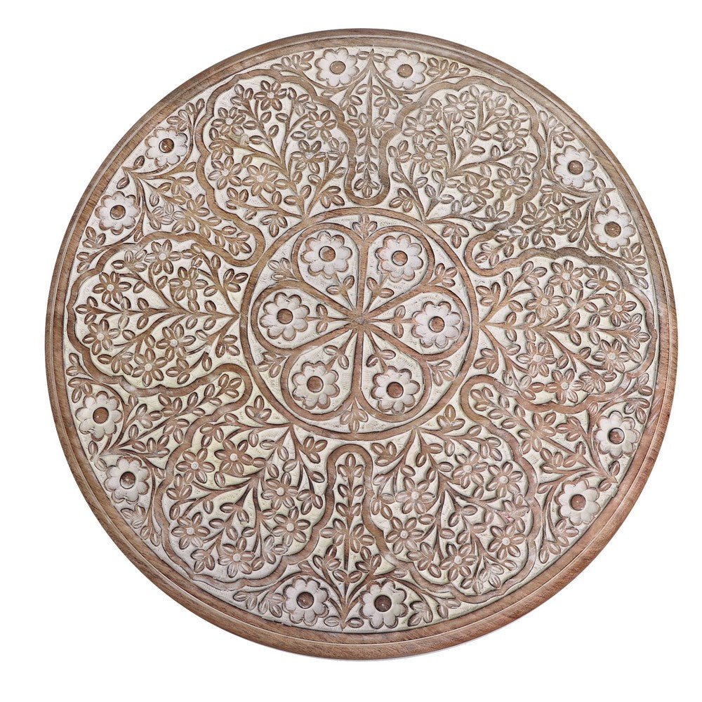 Mesh Cut Out Carved Mango Wood Octagonal Folding Table with Round Top, Antique White and Brown - UPT-209568