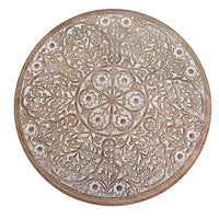 Mesh Cut Out Carved Mango Wood Octagonal Folding Table with Round Top, Antique White and Brown - UPT-209568