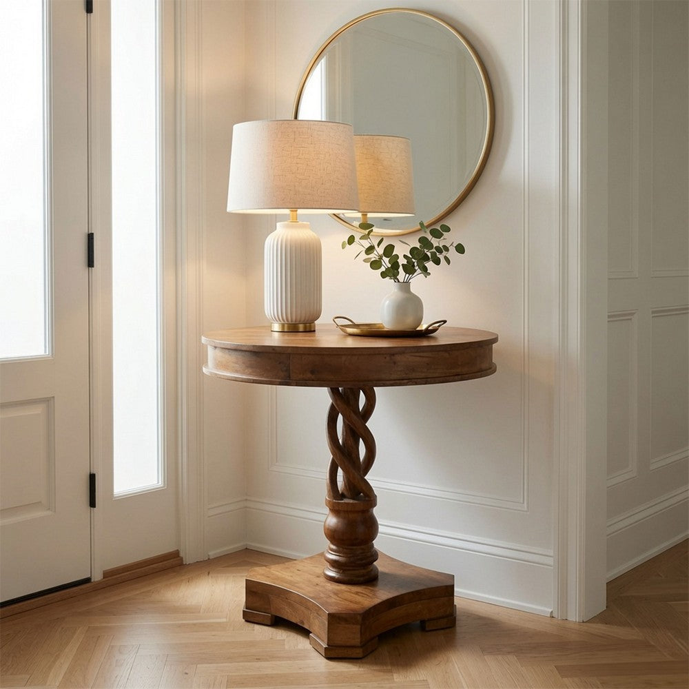 30 Inch Handcrafted Round Mango Wood Dinette, Artisanal Twisted Pedestal Base, Walnut Brown - UPT-213134