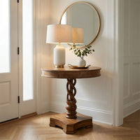 30 Inch Handcrafted Round Mango Wood Dinette, Artisanal Twisted Pedestal Base, Walnut Brown - UPT-213134