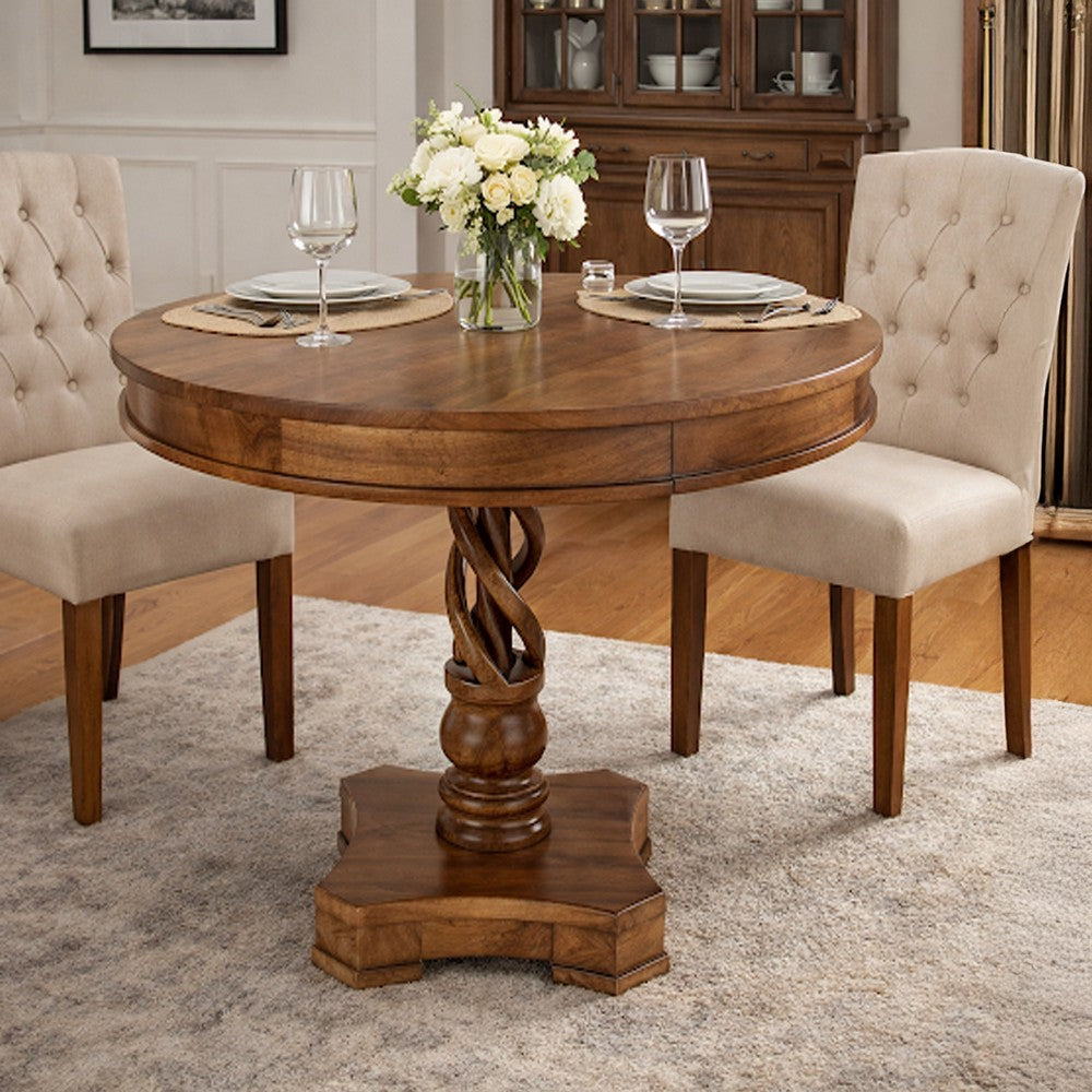 30 Inch Handcrafted Round Mango Wood Dinette, Artisanal Twisted Pedestal Base, Walnut Brown - UPT-213134