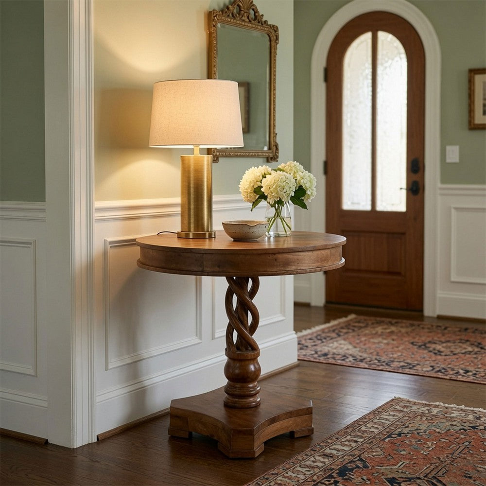30 Inch Handcrafted Round Mango Wood Dinette, Artisanal Twisted Pedestal Base, Walnut Brown - UPT-213134