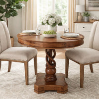 30 Inch Handcrafted Round Mango Wood Dinette, Artisanal Twisted Pedestal Base, Walnut Brown - UPT-213134
