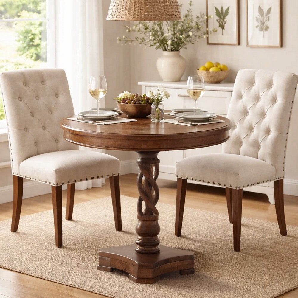 30 Inch Handcrafted Round Mango Wood Dinette, Artisanal Twisted Pedestal Base, Walnut Brown - UPT-213134