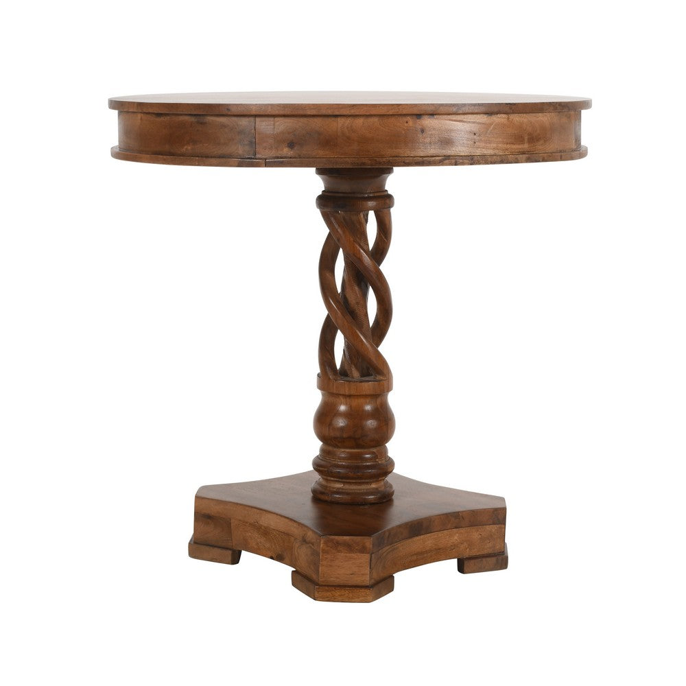 30 Inch Handcrafted Round Mango Wood Dinette, Artisanal Twisted Pedestal Base, Walnut Brown - UPT-213134