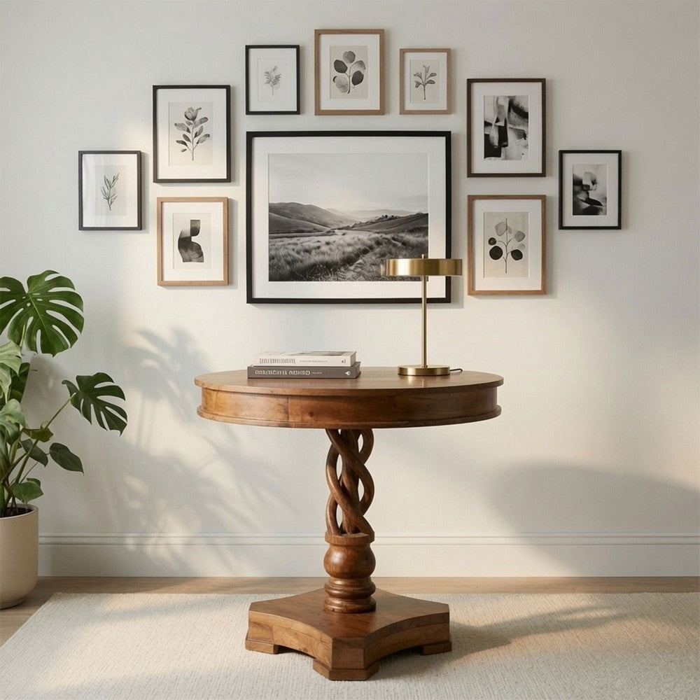 30 Inch Handcrafted Round Mango Wood Dinette, Artisanal Twisted Pedestal Base, Walnut Brown - UPT-213134