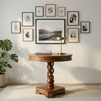 30 Inch Handcrafted Round Mango Wood Dinette, Artisanal Twisted Pedestal Base, Walnut Brown - UPT-213134
