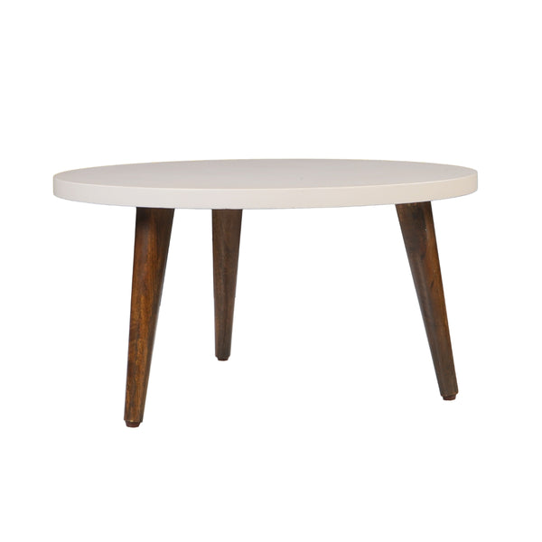 24 Inch Modern Coffee Table, Round Off White MDF Top, Tapered Brown Mango Wood Legs - UPT-225282