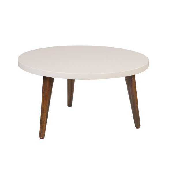24 Inch Modern Coffee Table, Round Off White MDF Top, Tapered Brown Mango Wood Legs - UPT-225282