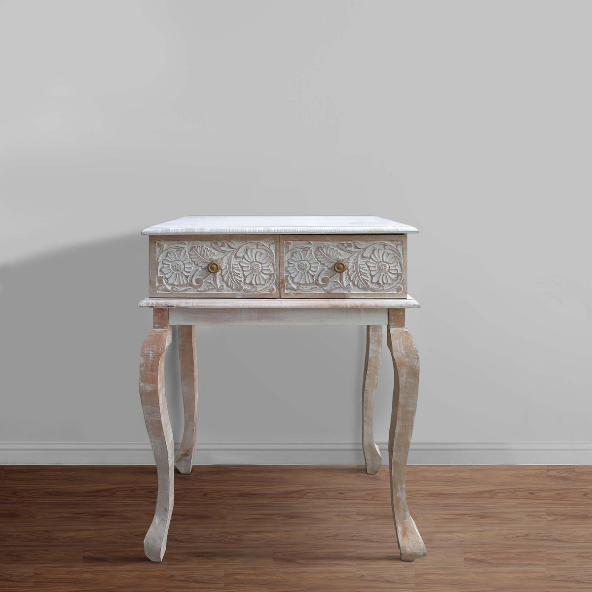 2 Drawer Mango Wood Console Table with Floral Carved Front, Brown and White - UPT-226283