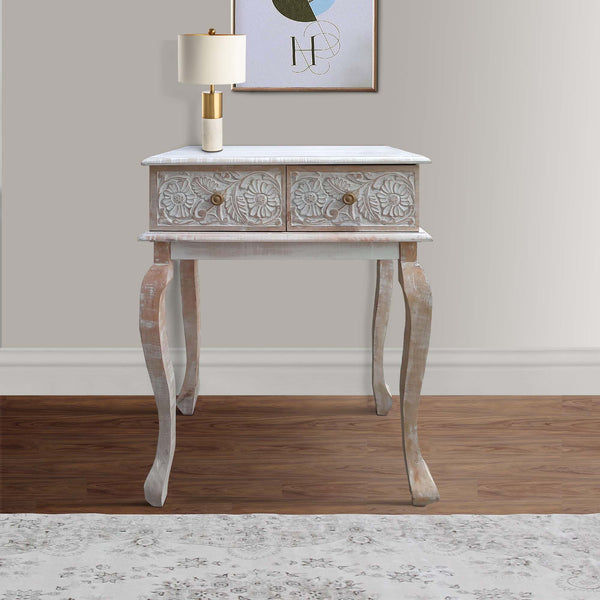 2 Drawer Mango Wood Console Table with Floral Carved Front, Brown and White - UPT-226283