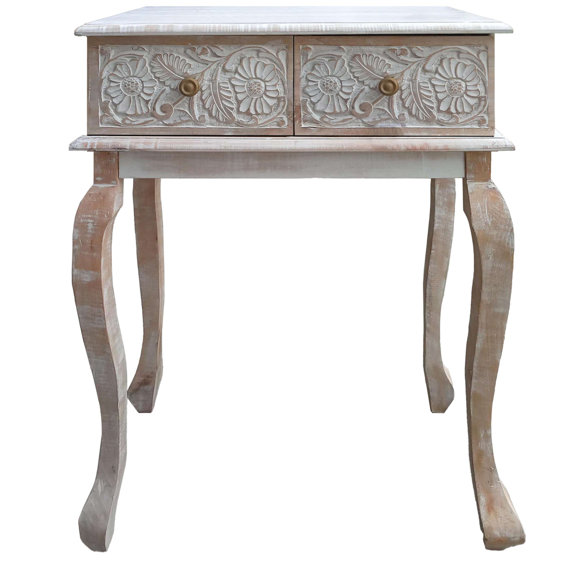 2 Drawer Mango Wood Console Table with Floral Carved Front, Brown and White - UPT-226283