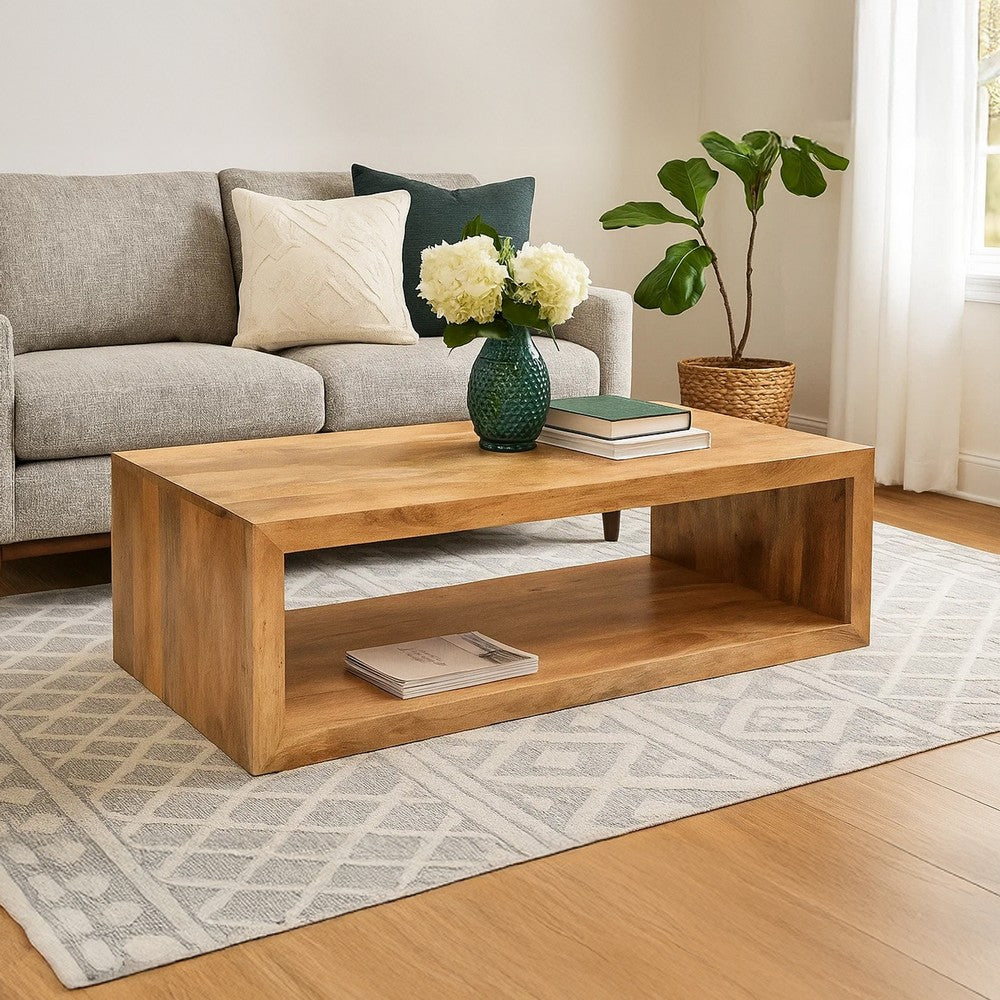 Buy Keli 58 Inch Mango Wood Coffee Table, Open Cube, 1 Shelf