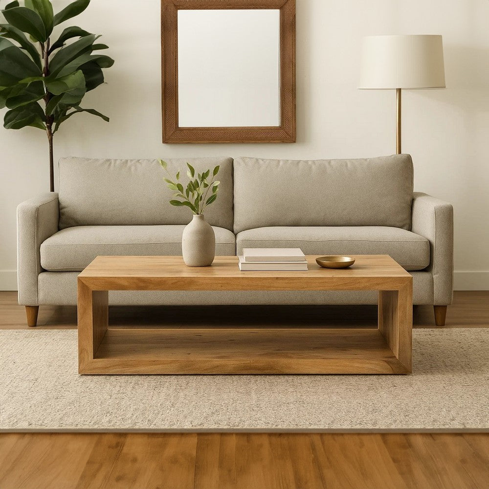 Keli 58 Inch Mango Wood Coffee Table, Open Cube, 1 Shelf, Natural Brown - UPT-228693