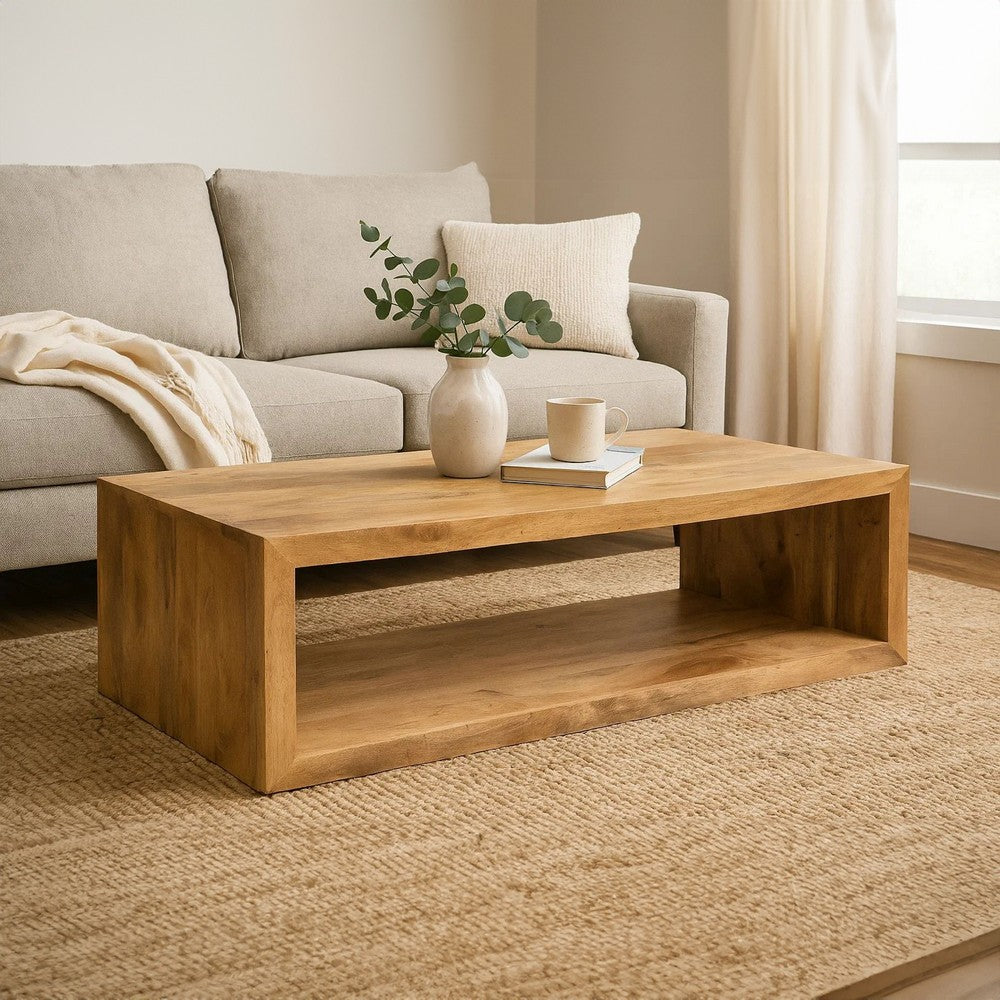 Keli 58 Inch Mango Wood Coffee Table, Open Cube, 1 Shelf, Natural Brown - UPT-228693