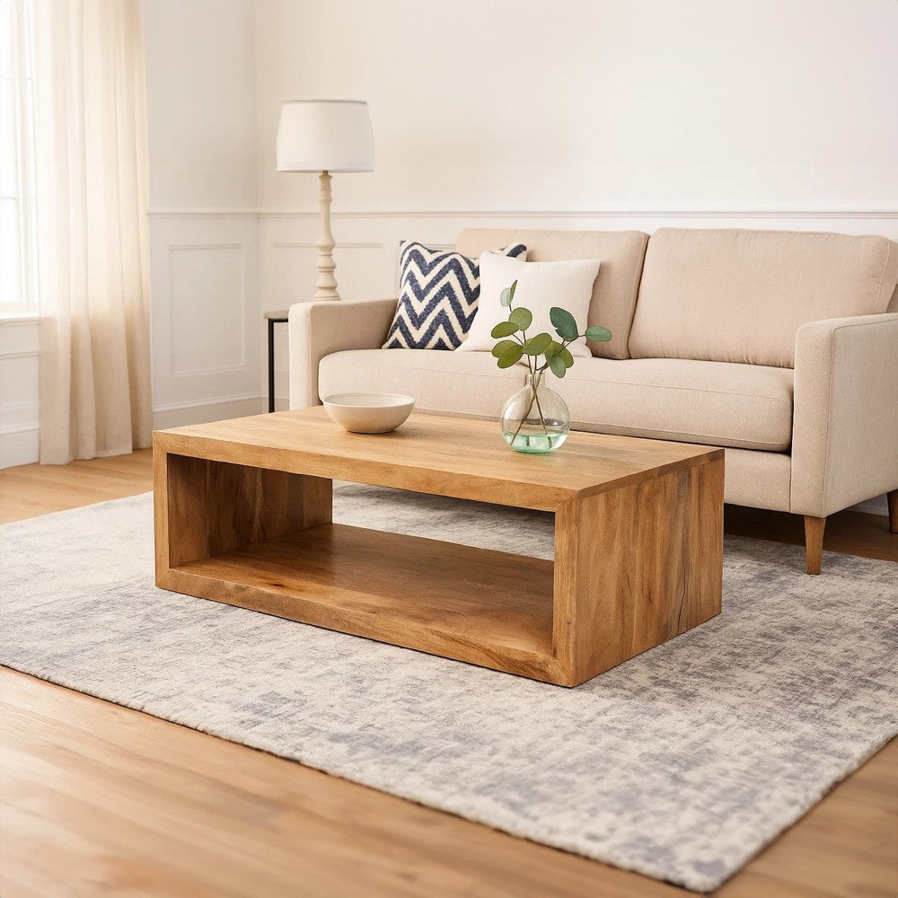 Keli 58 Inch Mango Wood Coffee Table, Open Cube, 1 Shelf, Natural Brown - UPT-228693