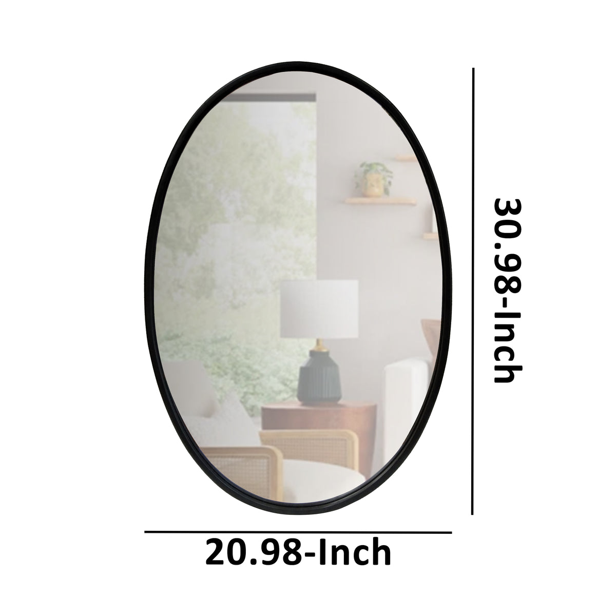 Oval Metal Wall Mirror with Framed Edges and Wooden Backing, Black - UPT-228707