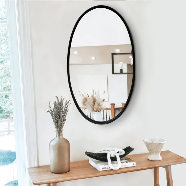 Oval Metal Wall Mirror with Framed Edges and Wooden Backing, Black - UPT-228707
