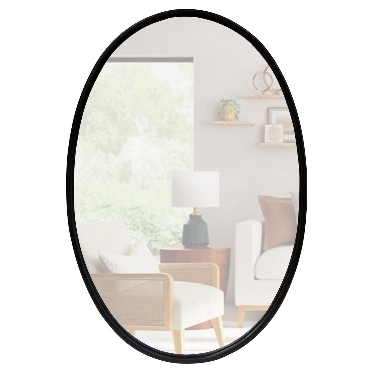 Oval Metal Wall Mirror with Framed Edges and Wooden Backing, Black - UPT-228707