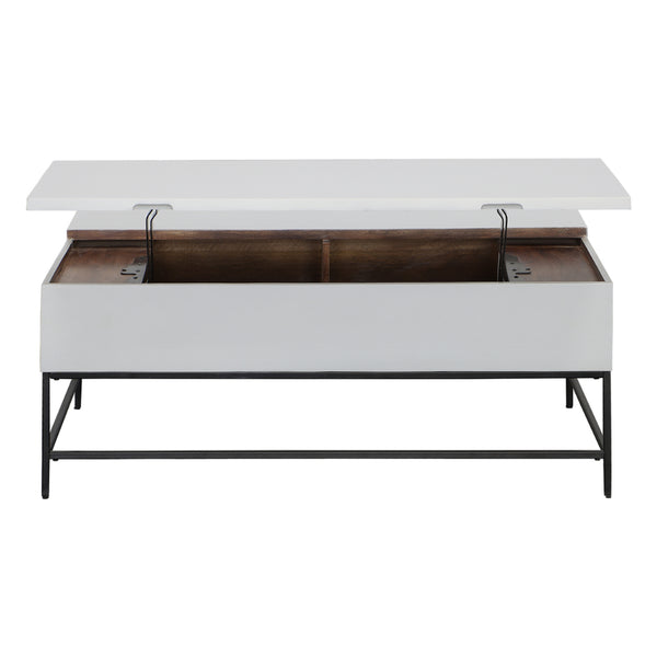 45 Inch Rectangular Mango Wood Coffee Table, Lift Top Storage, Iron Frame, White, Black - UPT-229062