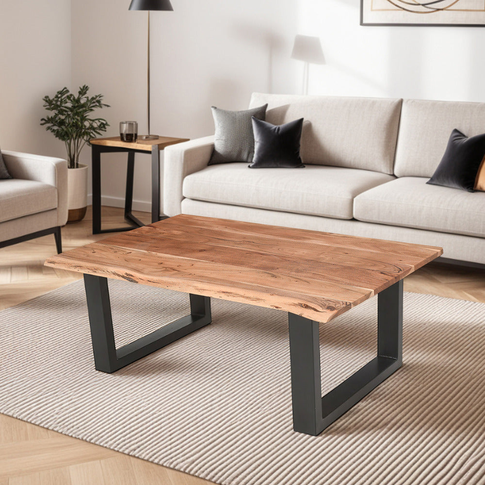45 Inch Acacia Farmhouse Coffee Table, Live Edges, Metal Sled Base, Brown and Black - UPT-231740