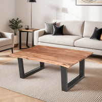 45 Inch Acacia Farmhouse Coffee Table, Live Edges, Metal Sled Base, Brown and Black - UPT-231740
