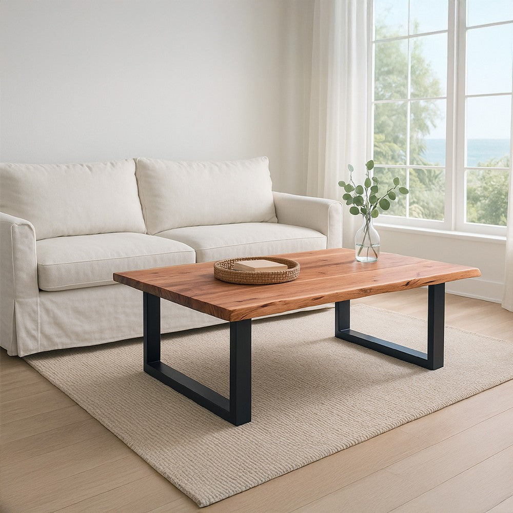 45 Inch Acacia Farmhouse Coffee Table, Live Edges, Metal Sled Base, Brown and Black - UPT-231740