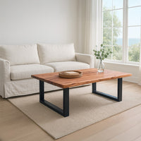 45 Inch Acacia Farmhouse Coffee Table, Live Edges, Metal Sled Base, Brown and Black - UPT-231740