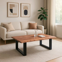 45 Inch Acacia Farmhouse Coffee Table, Live Edges, Metal Sled Base, Brown and Black - UPT-231740