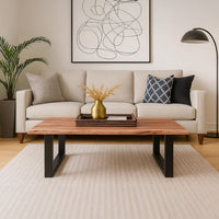 45 Inch Acacia Farmhouse Coffee Table, Live Edges, Metal Sled Base, Brown and Black - UPT-231740