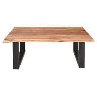 45 Inch Acacia Farmhouse Coffee Table, Live Edges, Metal Sled Base, Brown and Black - UPT-231740