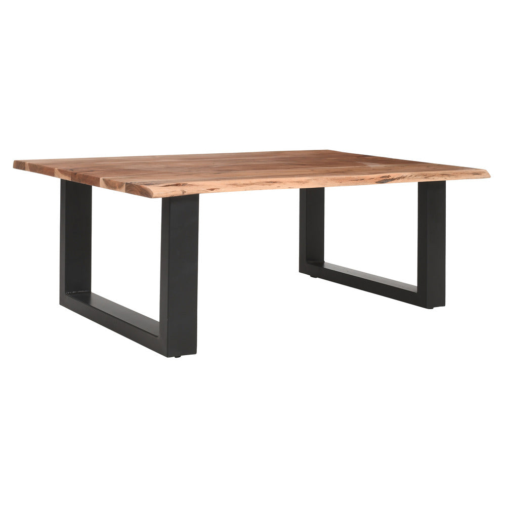 45 Inch Acacia Farmhouse Coffee Table, Live Edges, Metal Sled Base, Brown and Black - UPT-231740