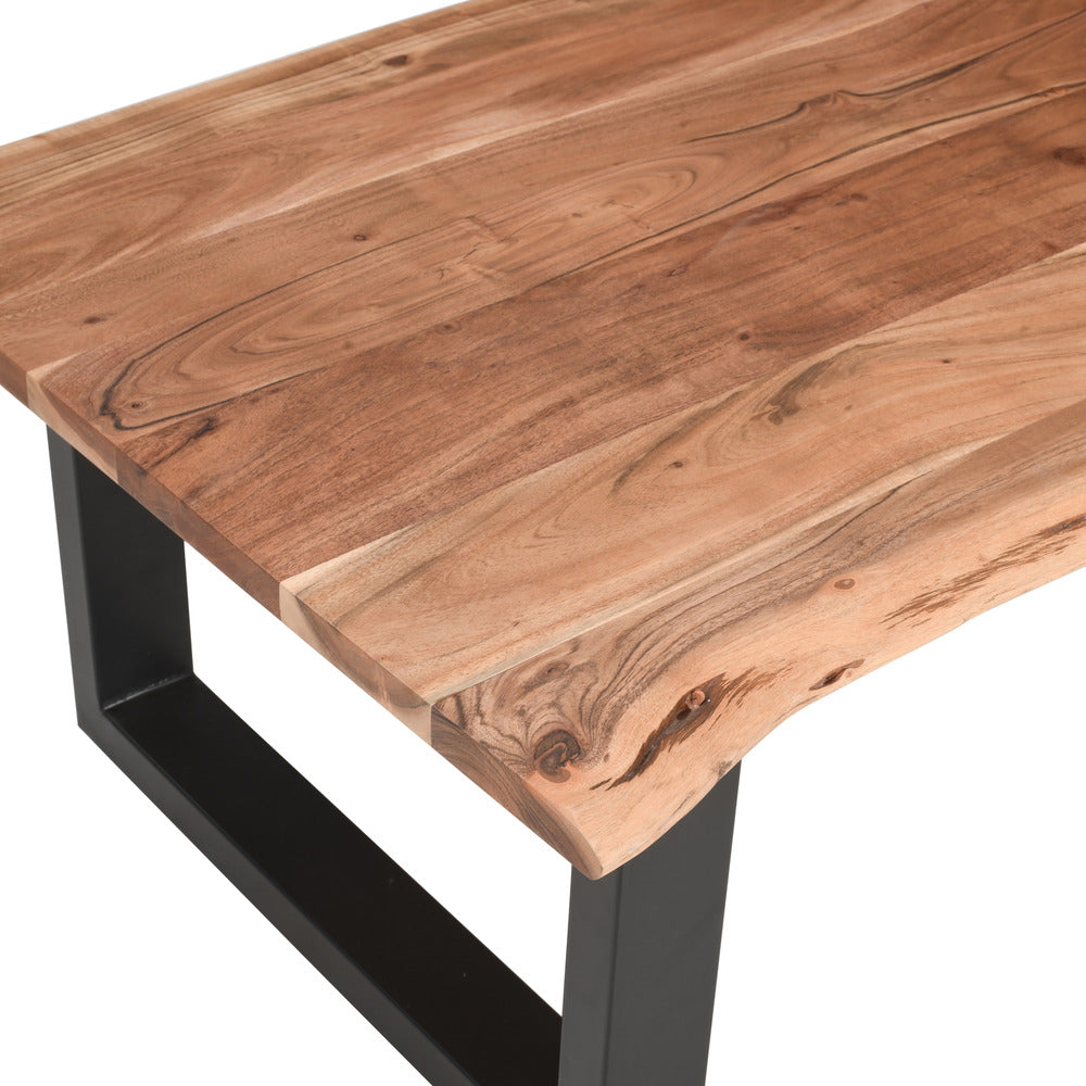 45 Inch Acacia Farmhouse Coffee Table, Live Edges, Metal Sled Base, Brown and Black - UPT-231740