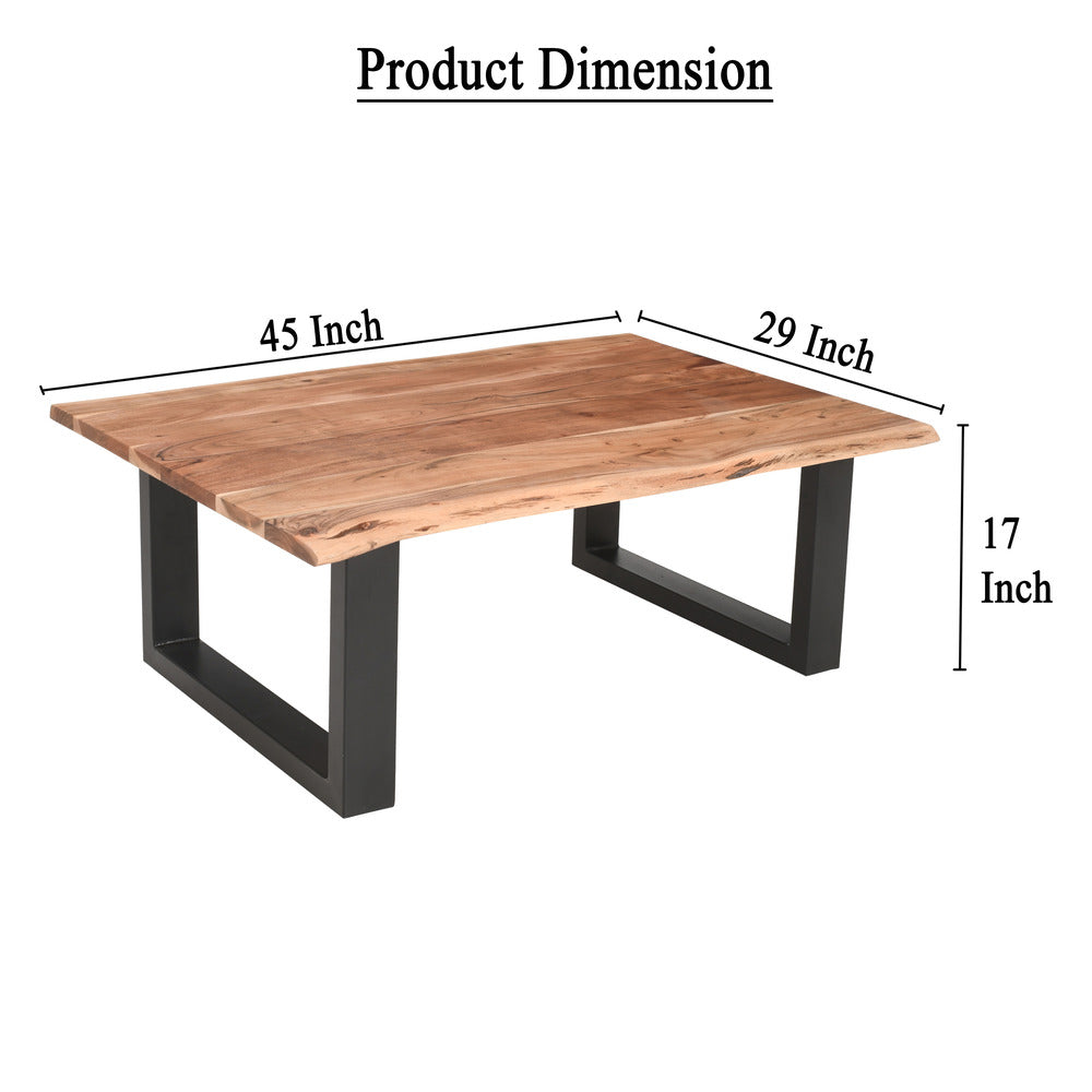 45 Inch Acacia Farmhouse Coffee Table, Live Edges, Metal Sled Base, Brown and Black - UPT-231740