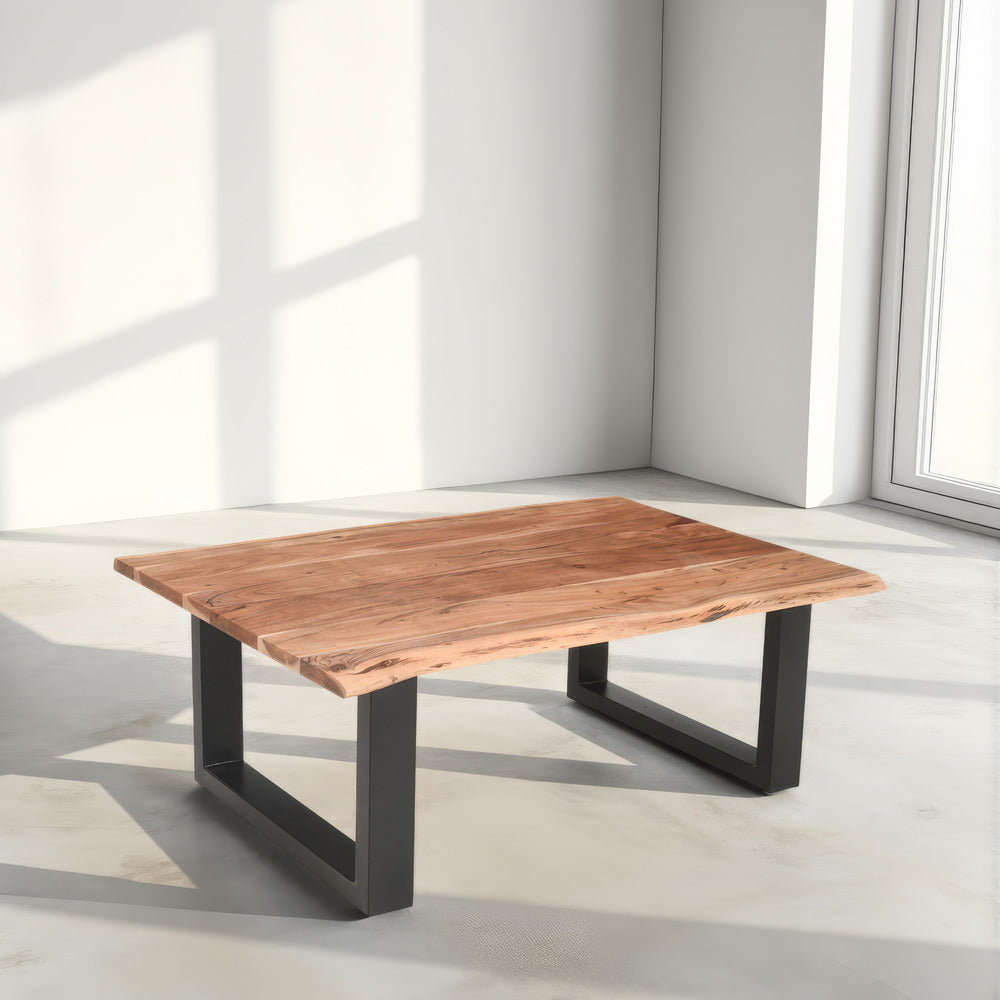 45 Inch Acacia Farmhouse Coffee Table, Live Edges, Metal Sled Base, Brown and Black - UPT-231740