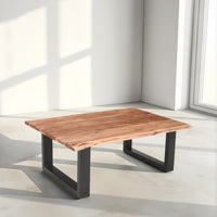 45 Inch Acacia Farmhouse Coffee Table, Live Edges, Metal Sled Base, Brown and Black - UPT-231740