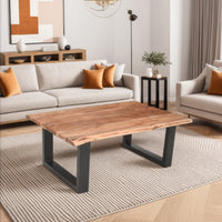 45 Inch Acacia Farmhouse Coffee Table, Live Edges, Metal Sled Base, Brown and Black - UPT-231740