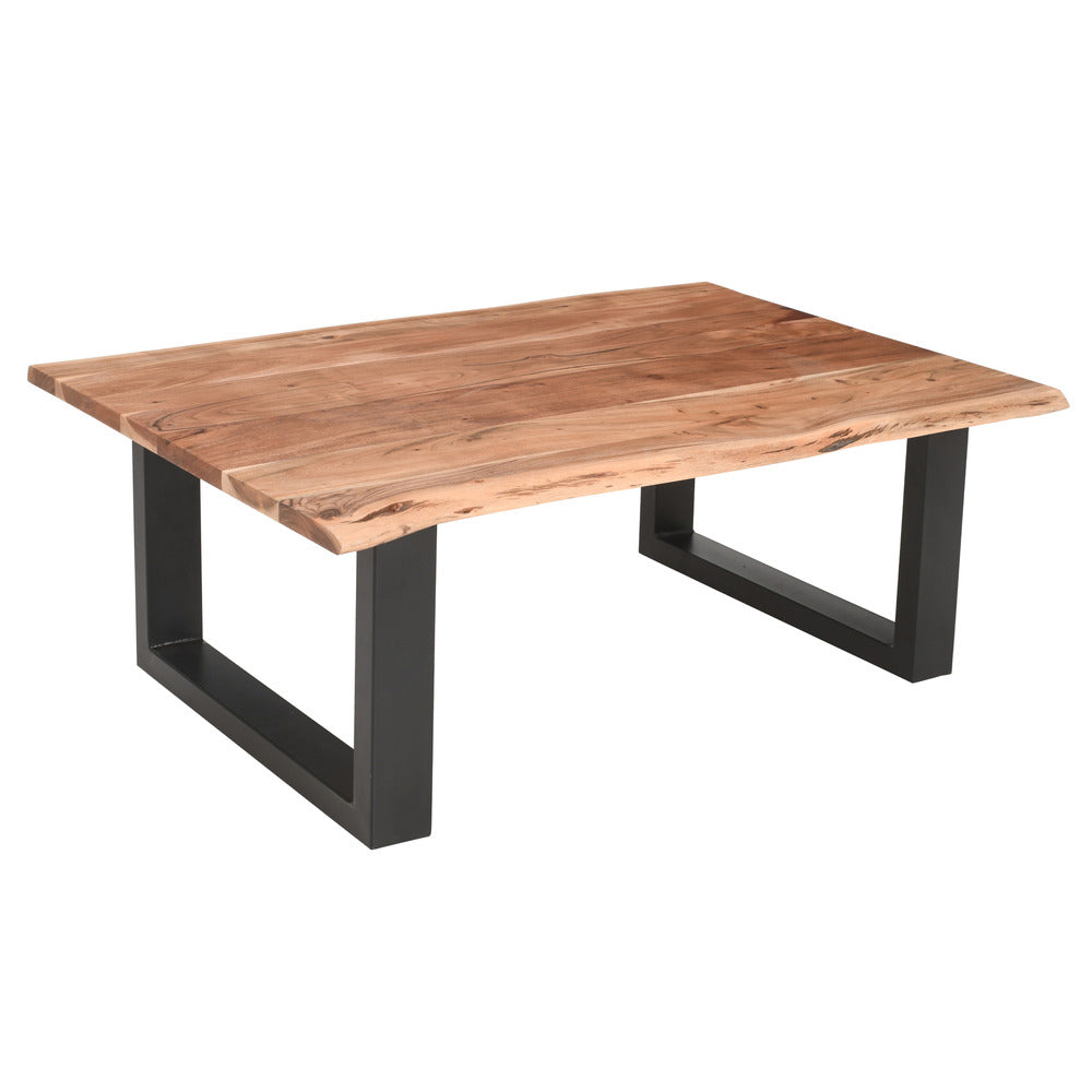 45 Inch Acacia Farmhouse Coffee Table, Live Edges, Metal Sled Base, Brown and Black - UPT-231740