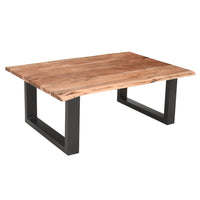 45 Inch Acacia Farmhouse Coffee Table, Live Edges, Metal Sled Base, Brown and Black - UPT-231740