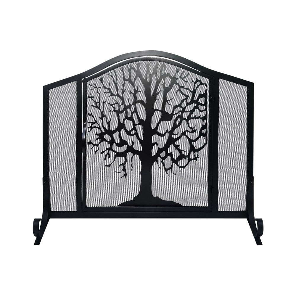 43 Inches 3 Panel Iron Fireplace Screen, Mesh Design, Arched Top, Tree of Life Art, Black - UPT-232047