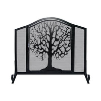 43 Inches 3 Panel Iron Fireplace Screen, Mesh Design, Arched Top, Tree of Life Art, Black - UPT-232047
