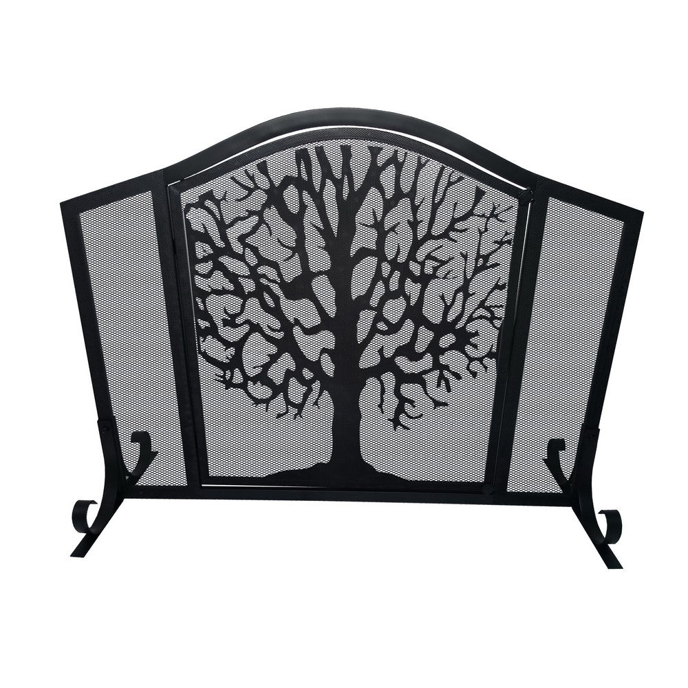 43 Inches 3 Panel Iron Fireplace Screen, Mesh Design, Arched Top, Tree of Life Art, Black - UPT-232047