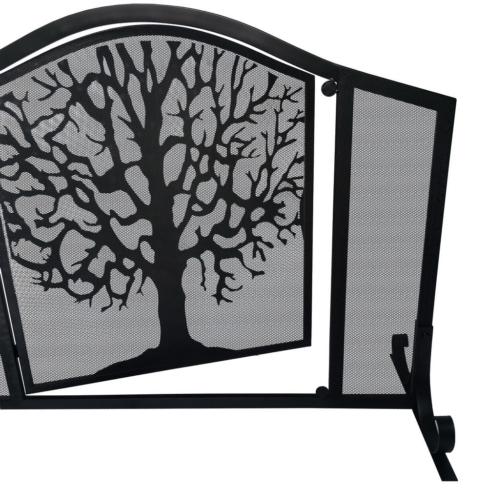 43 Inches 3 Panel Iron Fireplace Screen, Mesh Design, Arched Top, Tree of Life Art, Black - UPT-232047